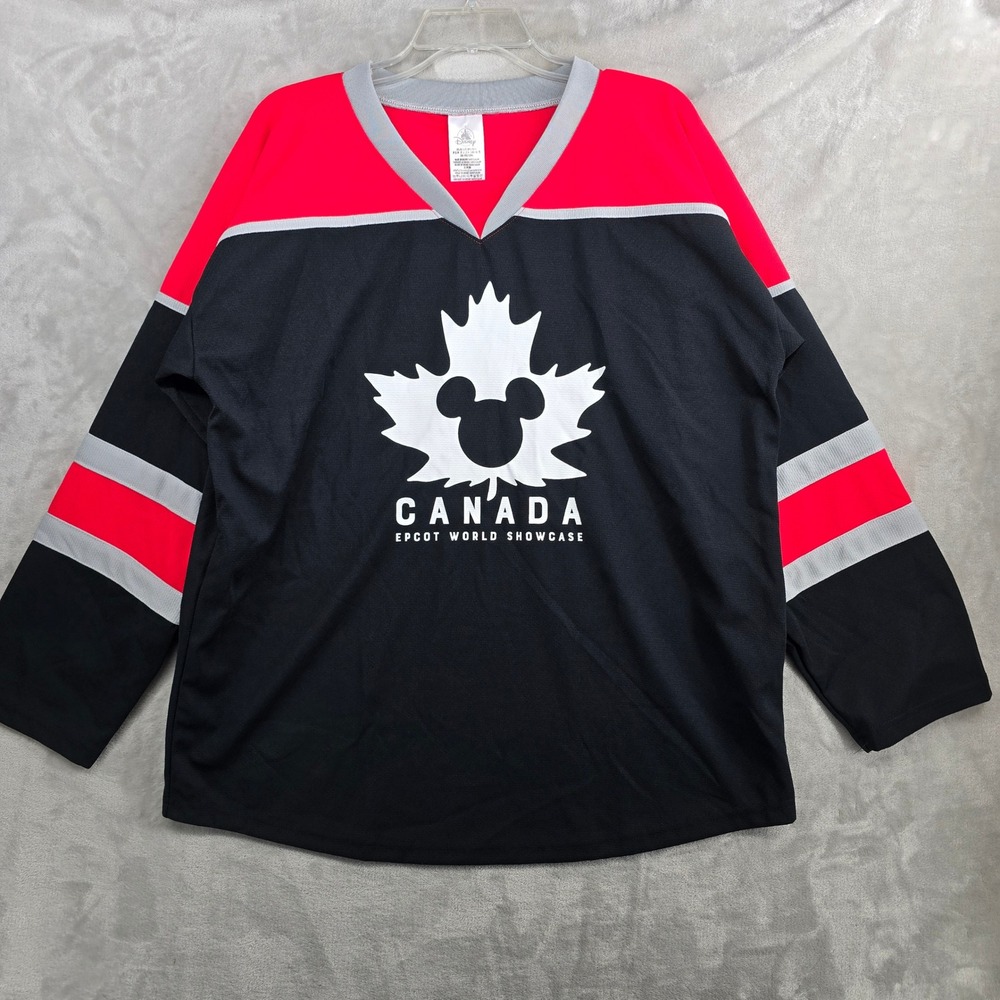 Disney Epcot World Showcase Canada Hockey Jersey Men L Black Red Mickey Mouse